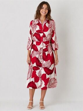 Mlle Gabrielle Red & White Printed Midi Shirt Dress with Tie Waist